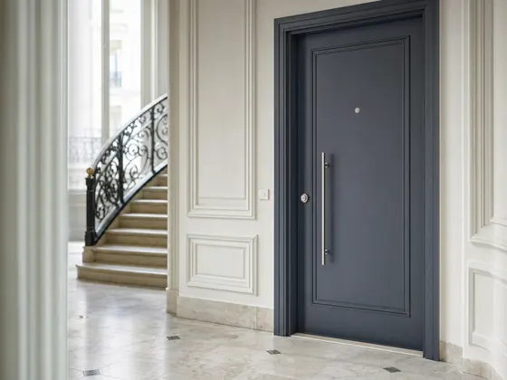 Porte d'entrée sécurisée dans le hall d'un immeuble haussmannien à Paris